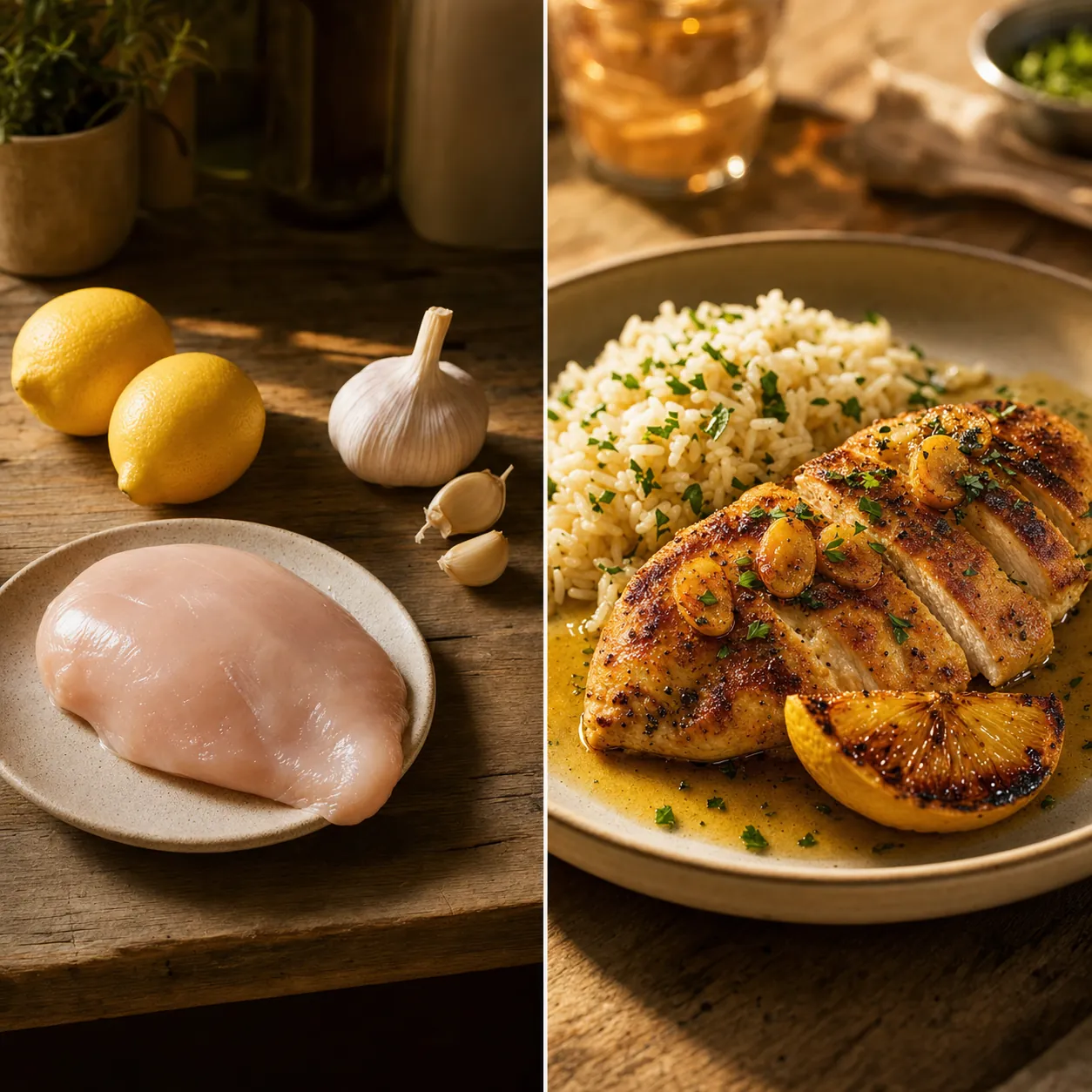 Staged pantry items transforming into a plated dinner via NowCook
