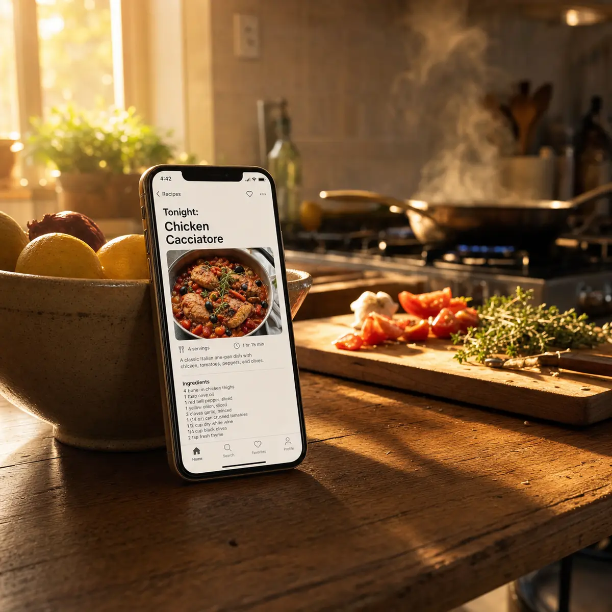 NowCook app open on a phone resting on a kitchen counter