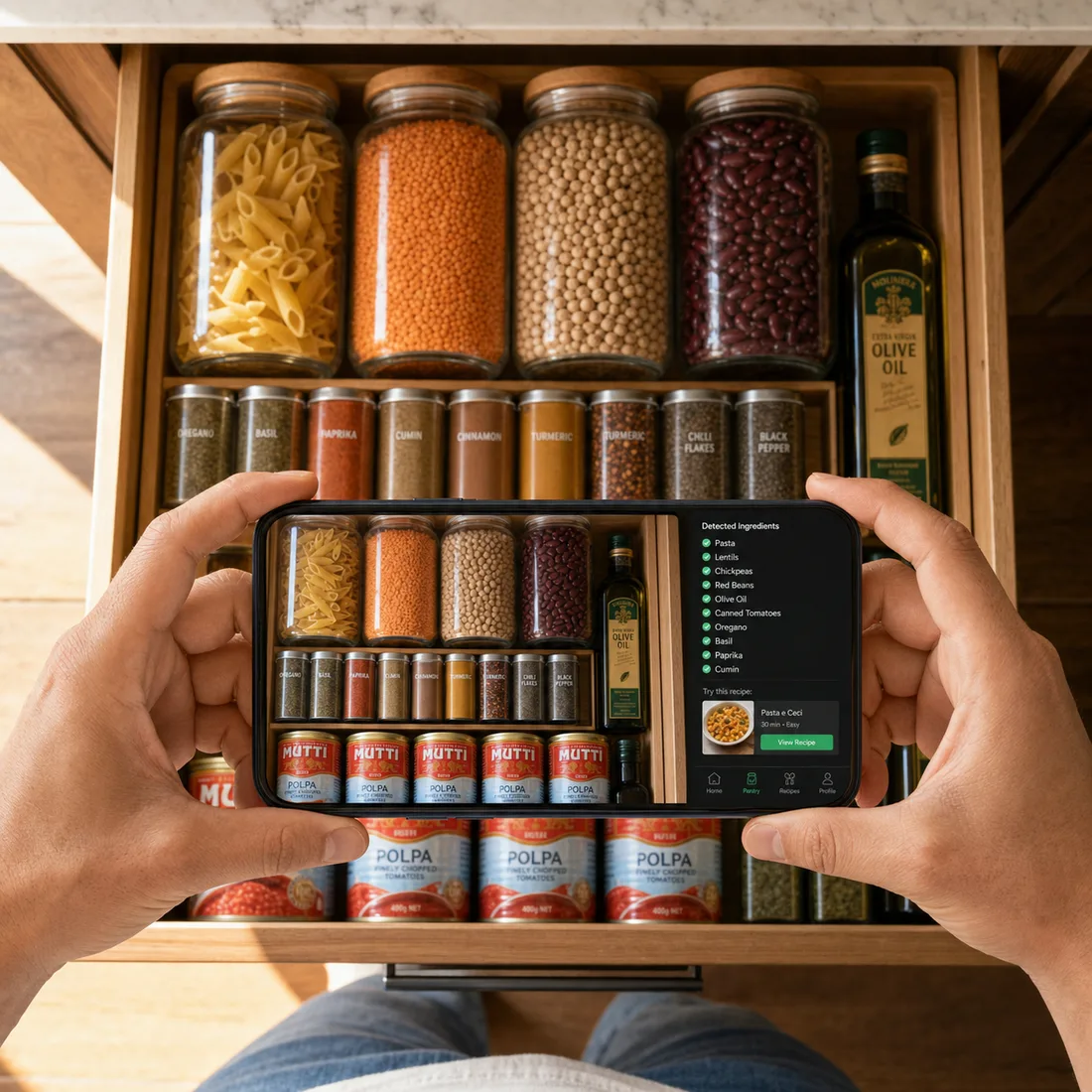 Phone hovering over a pantry shelf, scanning ingredients