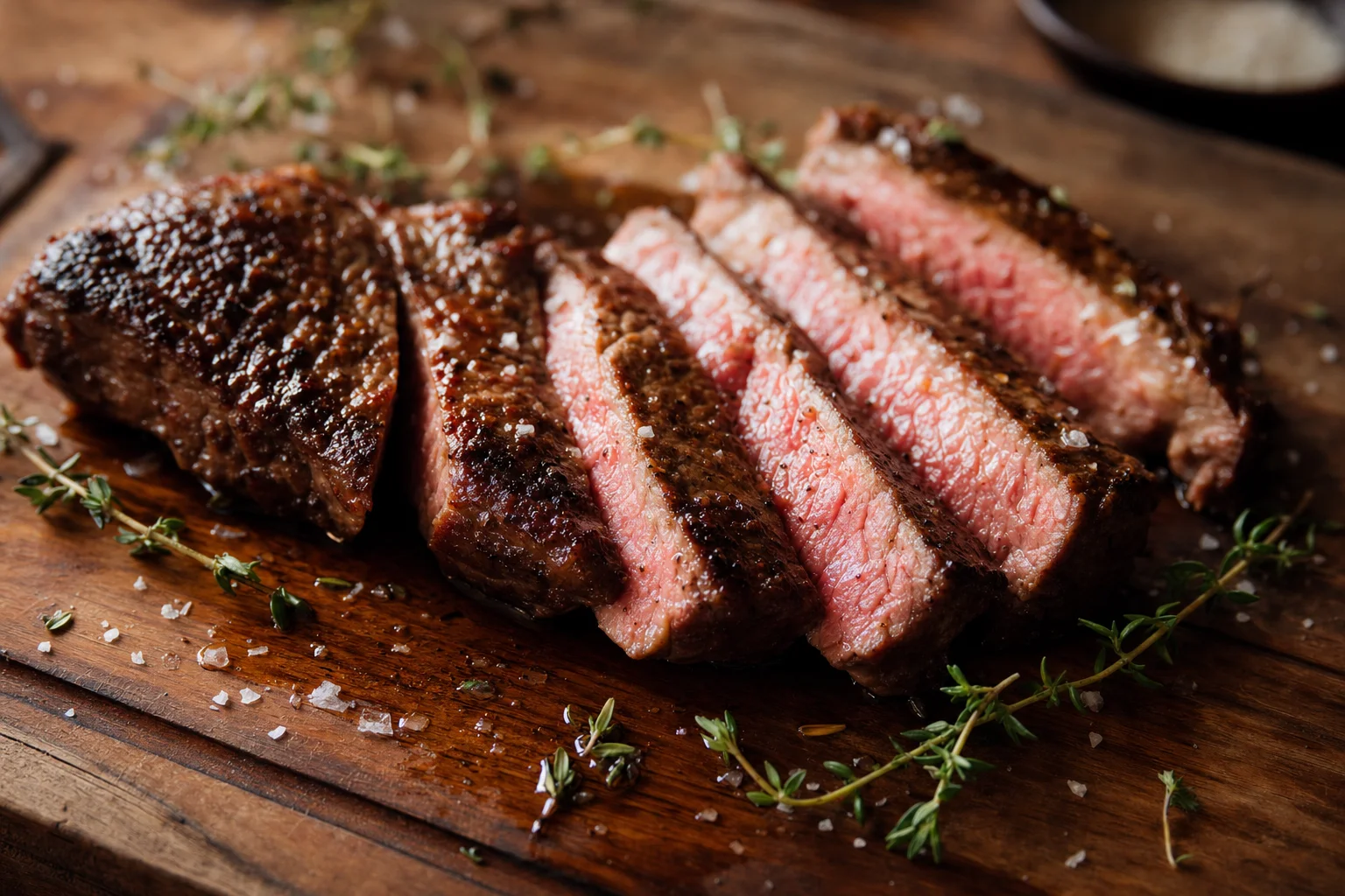 Sliced steak resting on a wooden board with juices pooling, herbs and salt nearby