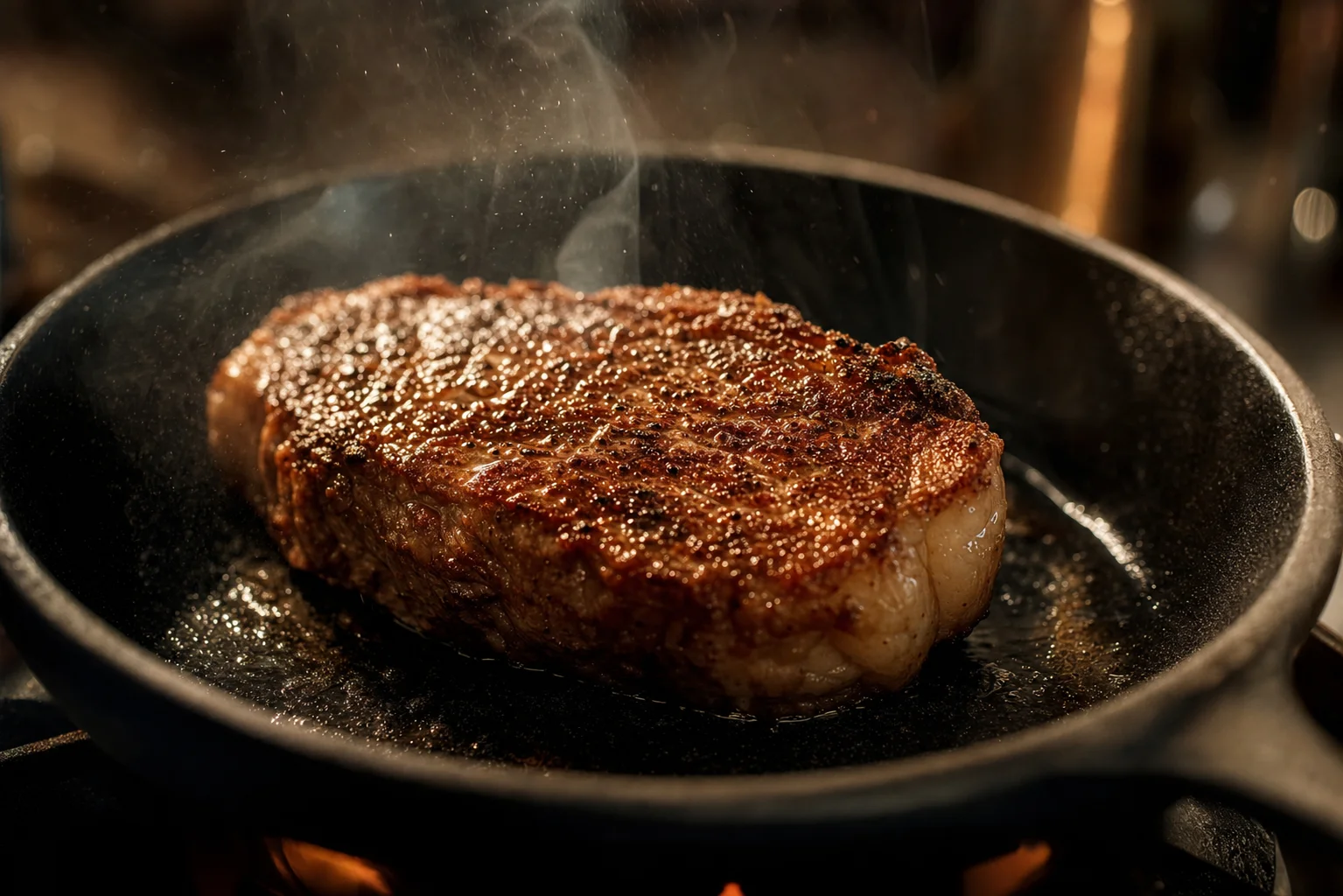 Golden-crusted steak sizzling in a hot cast-iron pan with steam rising