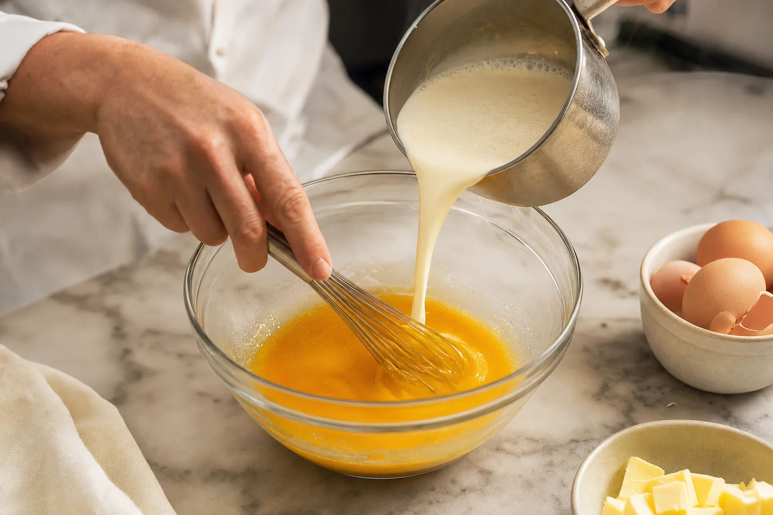 Hands pouring warm cream into egg yolks while whisking to temper the eggs