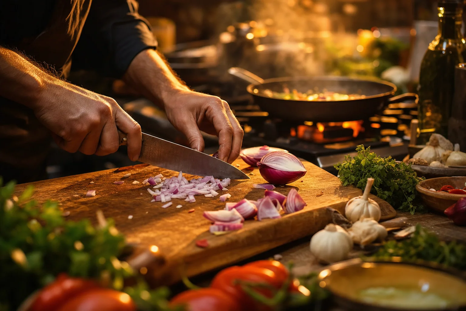 Chef hands working at a wooden cutting board with a hot pan sizzling in the background, warm cinematic kitchen atmosphere